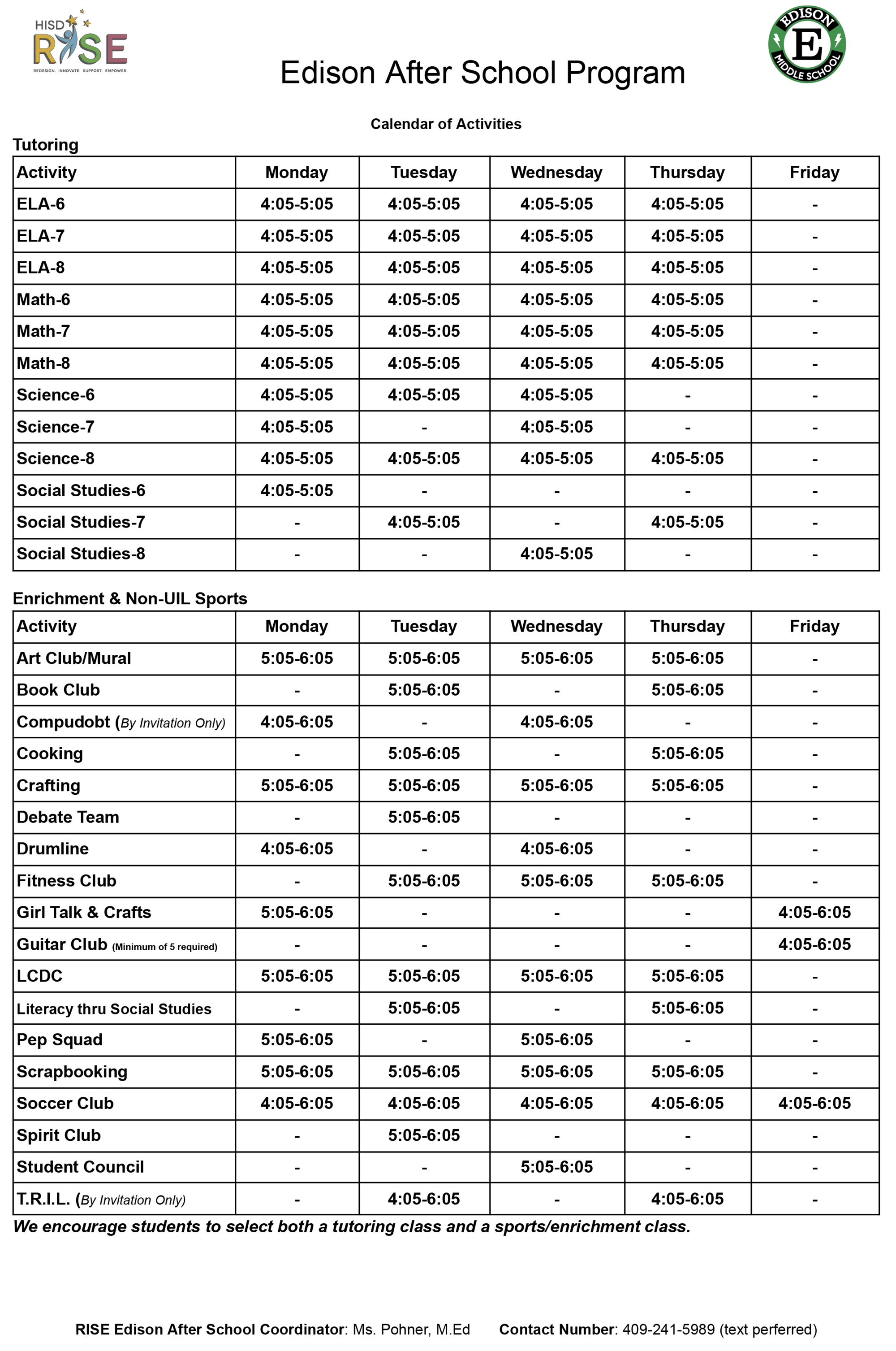 After School Calendar